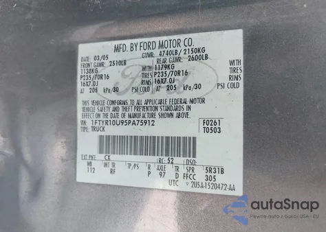 2005 Ford Ranger Edge/Stx/Xl/Xls/Xlt from USA, damaged, VIN 1FTYR10U95PA75912